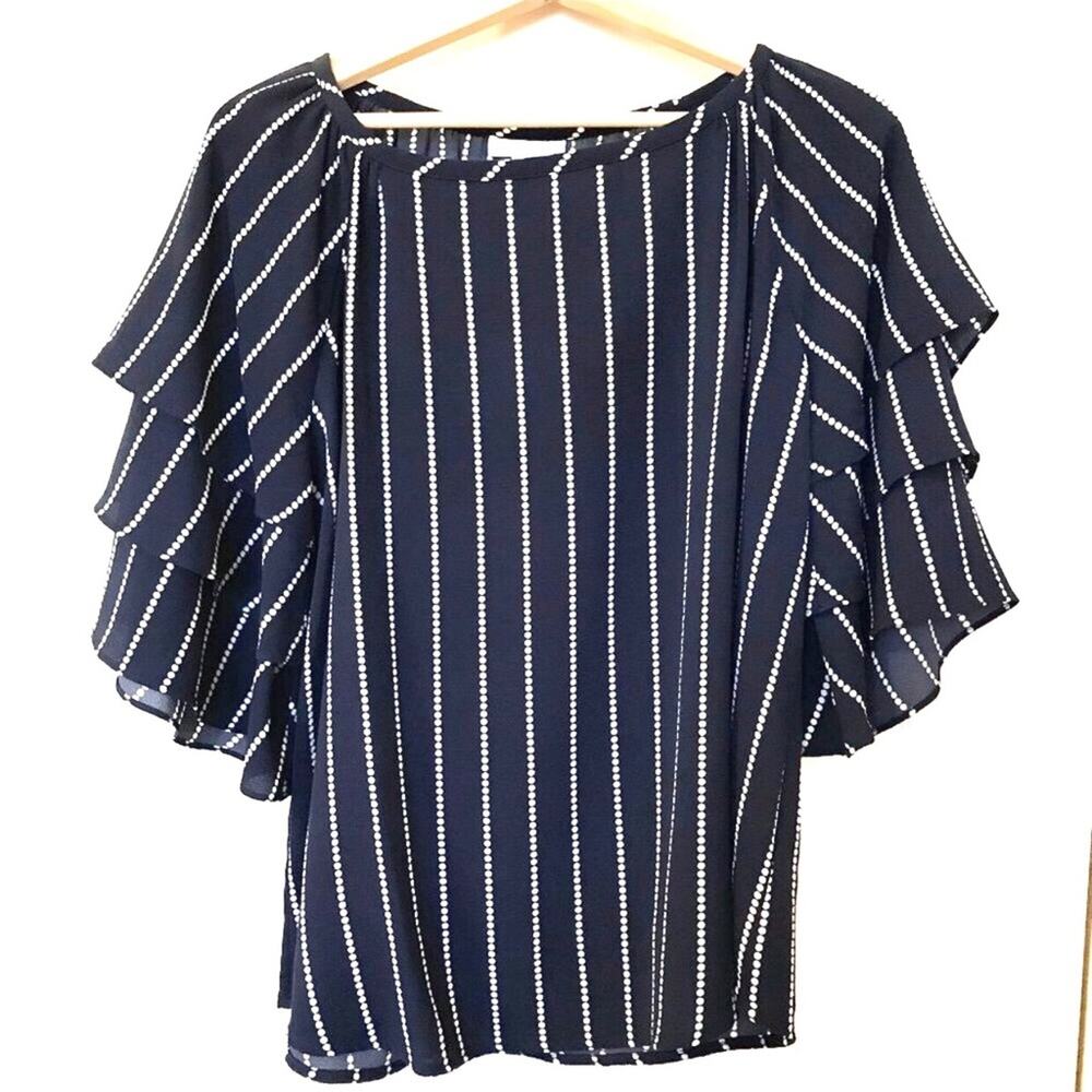Navy blue with white stripes & flounce sleeves